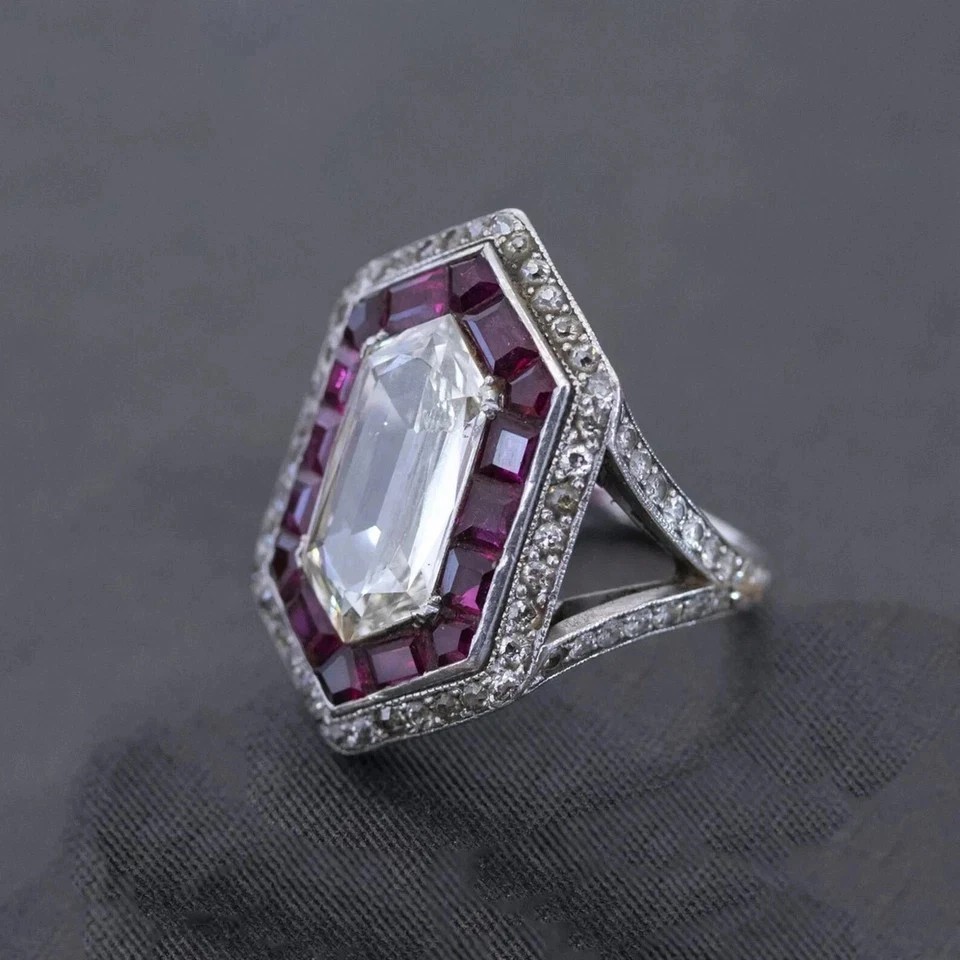Art Deco Style Marquise Lab Created Diamond &Ruby 14K White Gold FN Wedding Ring
