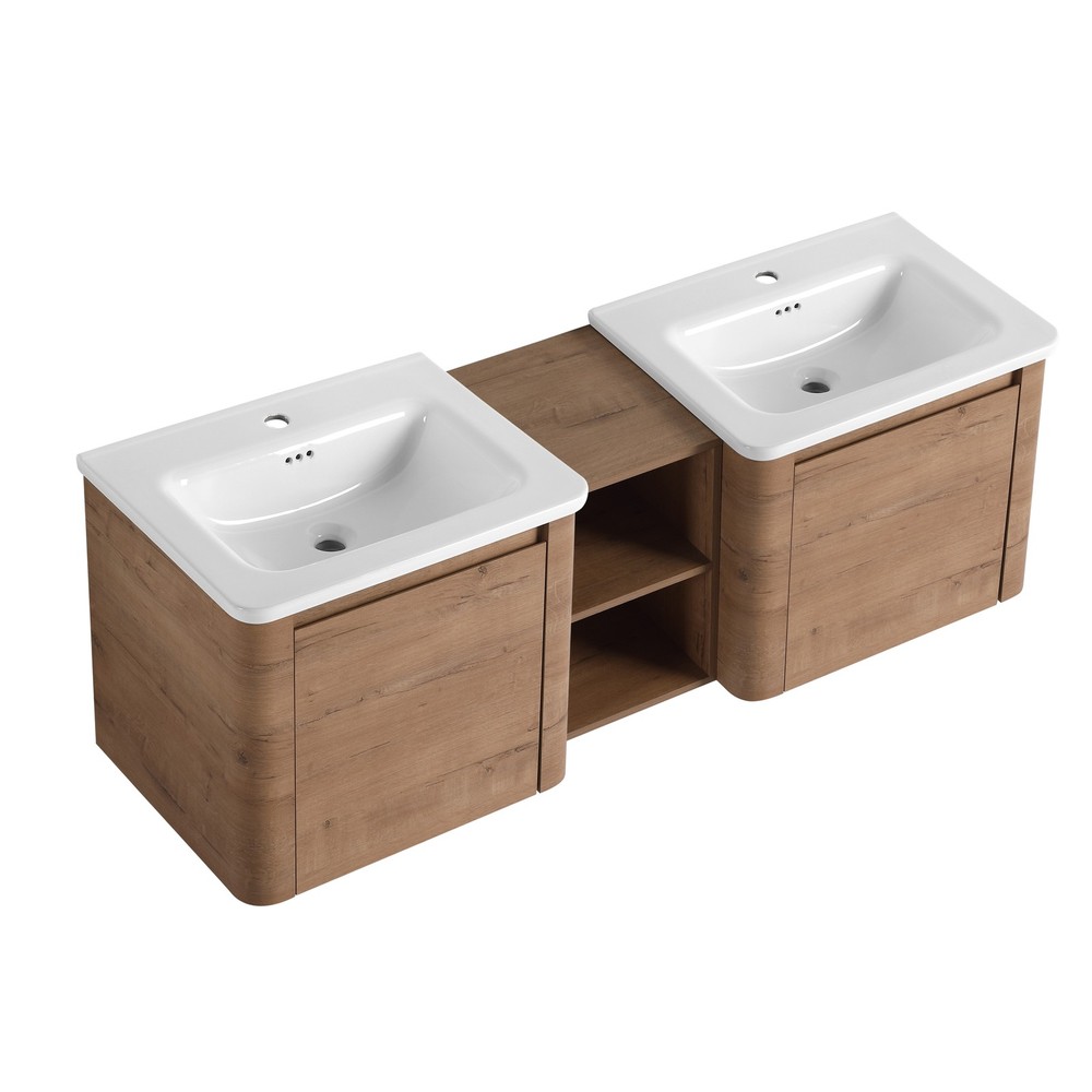 60in Wall-Mounted Bathroom Vanity  W/ Double White Ceramic Sink Storage Shelves
