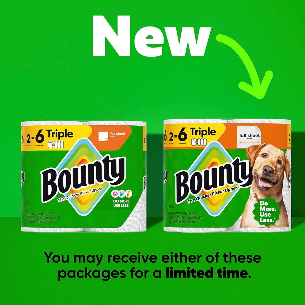 Bounty Full Sheet Paper Towels, White, 2 Triple Rolls = 6 Regular Rolls