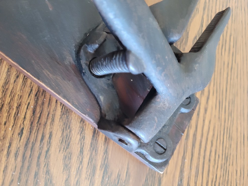 Antique Cast Iron Nut Cracker Hand Vise Primitive Tool Mounted on Wood Board
