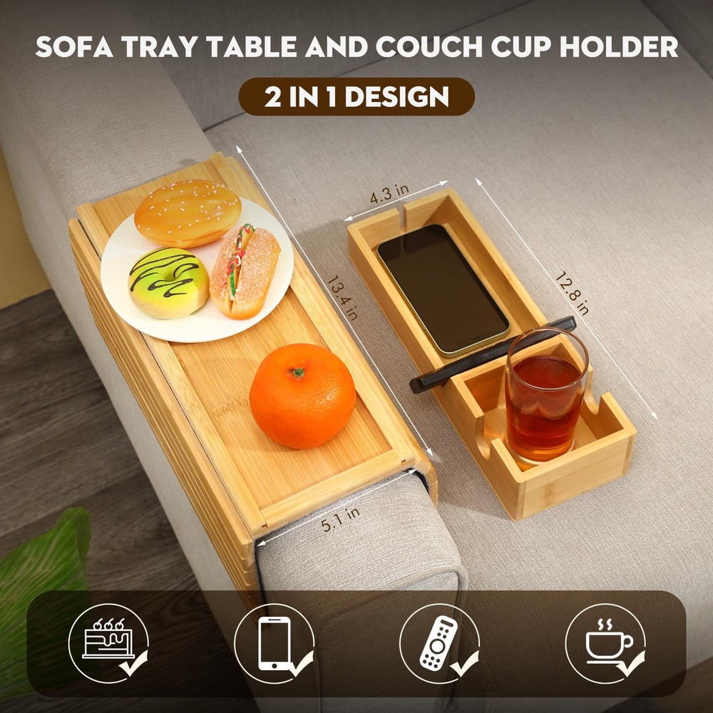 Bamboo Couch Arm Tray with Detachable Cup Holder - Foldable, Anti-Fall Design
