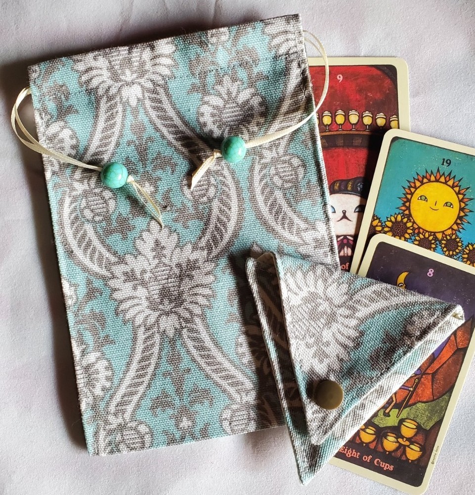 Tarot Card Drawstring Bag Handmade Turquoise Grey with Beads PLUS Crystal Pouch