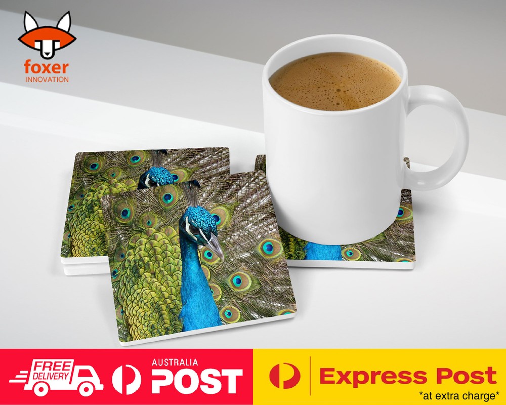 COASTER COFFEE DRINKING MAT|TEAL PEACOCK BIRD MACRO SHOT