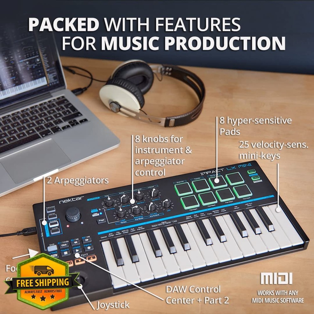Nektar Impact LX Mini USB MIDI Controller Keyboard, Black