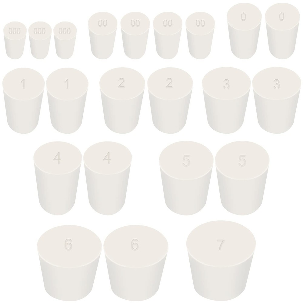 Solid Rubber Stoppers White 000-7 Assorted Sizes Lab Plug 29 PCS