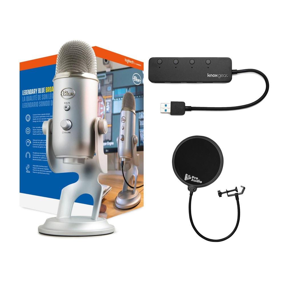 Blue Microphone Yeti USB Mic Silver Knox Gear Pop Filter and USB Hub