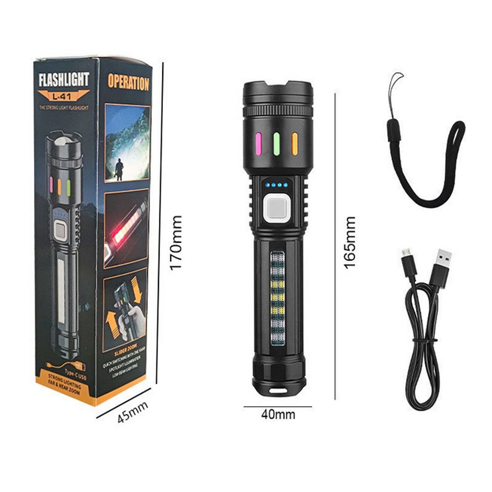 Super Bright P50 LED Tactical Flashlight with COB Side Light 5 Modes Zoomable