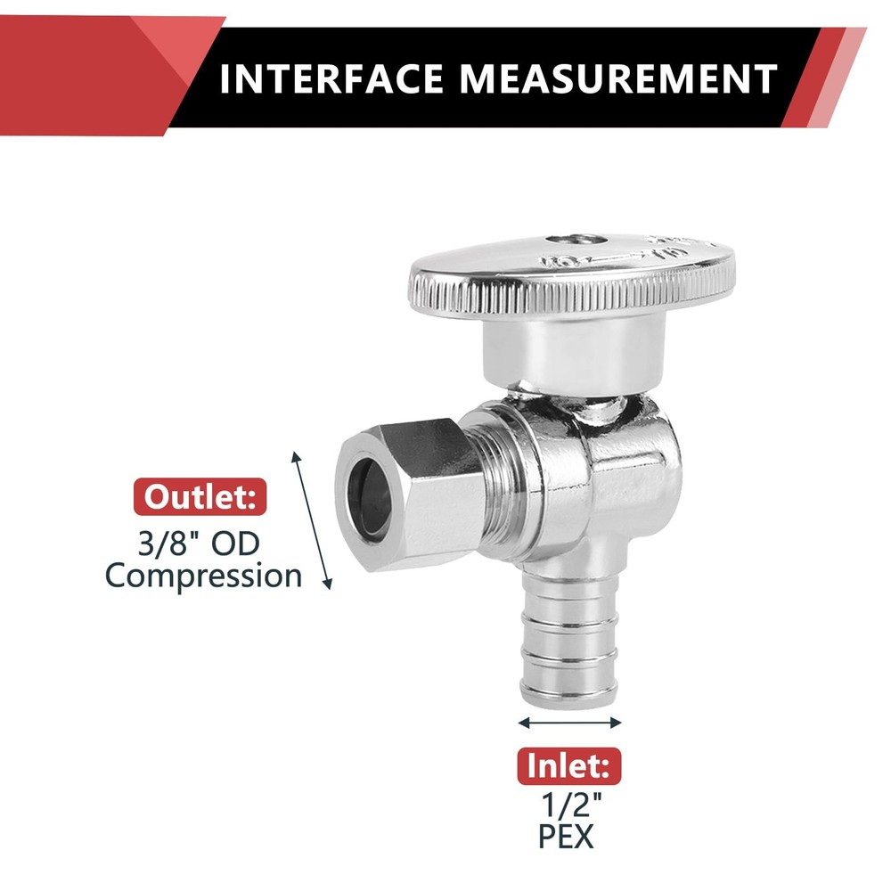 (Pack of 5) 1/4 Turn Angle Stop Valve 3/8" OD Compression x 1/2" Pex Chrome P...
