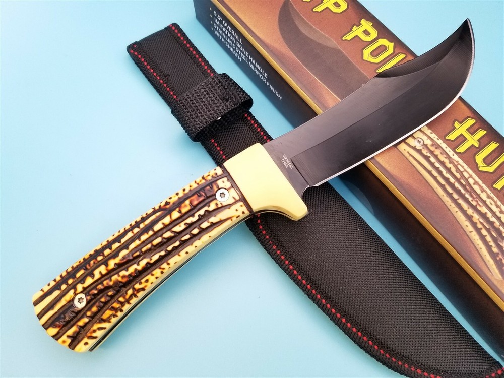 Clip Point Hunter Fixed Blade Knife Nylon Sheath Imitation Stag Handle 5" Blade