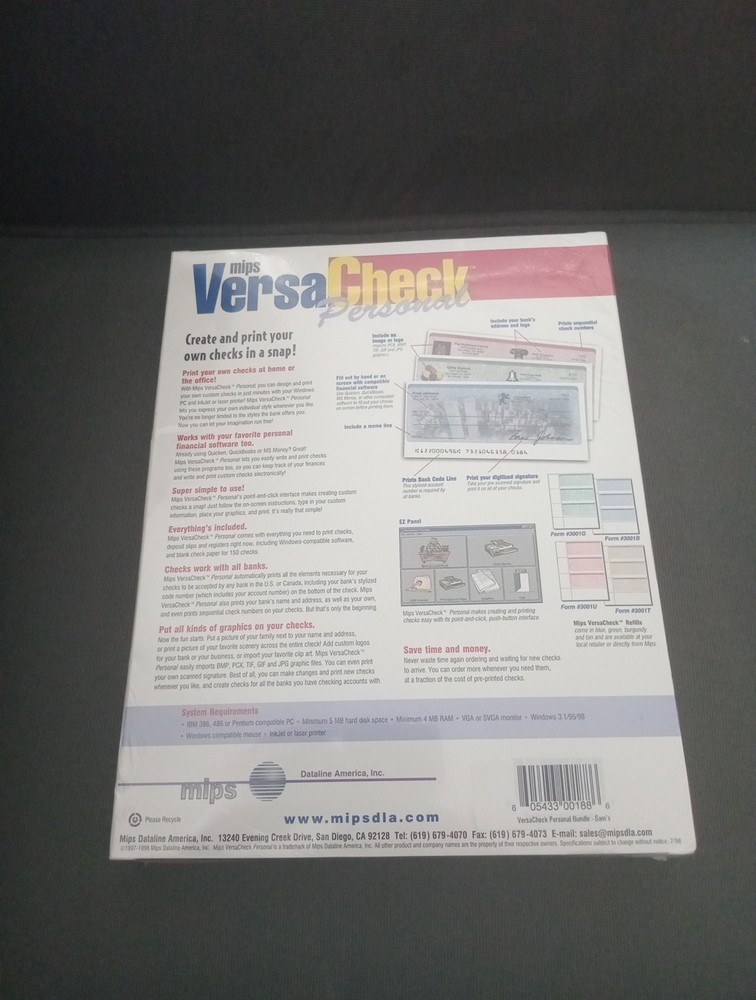 Mips Versa Check Personal Custom Check Creation Software 3.5" Floppy w/150 Blank