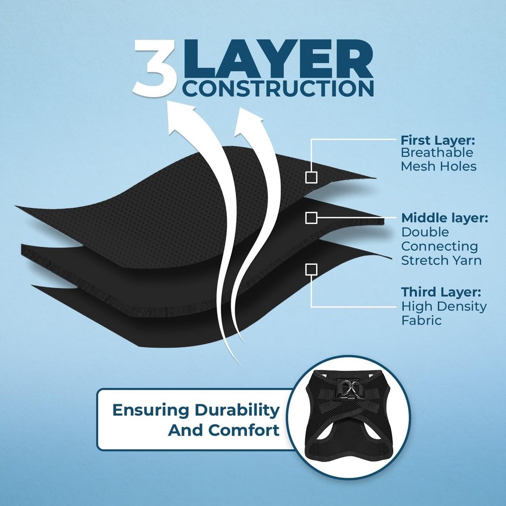 Reflective Black Harness for Small Medium Dogs with Triple Security Features