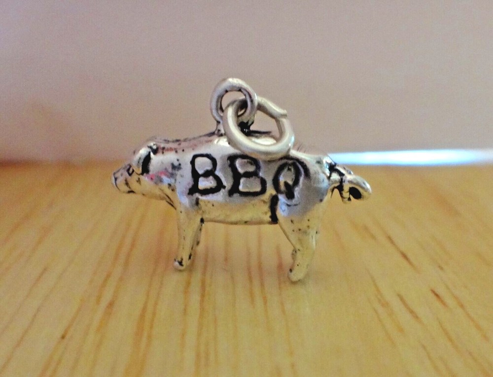 Sterling Silver 3D 12x19mm Solid Pig Hog Pork says BBQ Charm