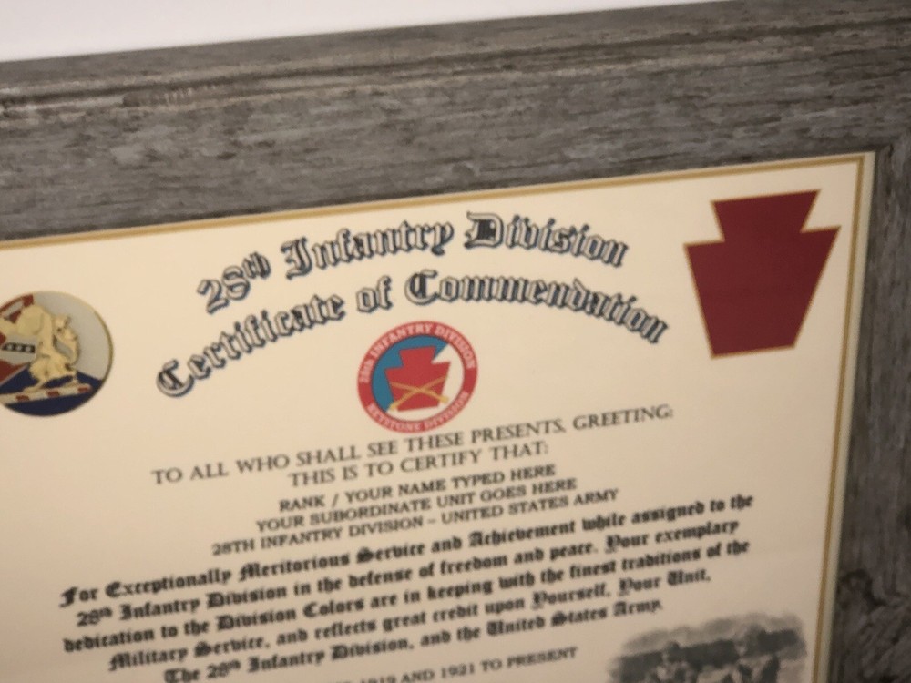 28TH INFANTRY DIVISION / COMMEMORATIVE - CERTIFICATE OF COMMENDATION