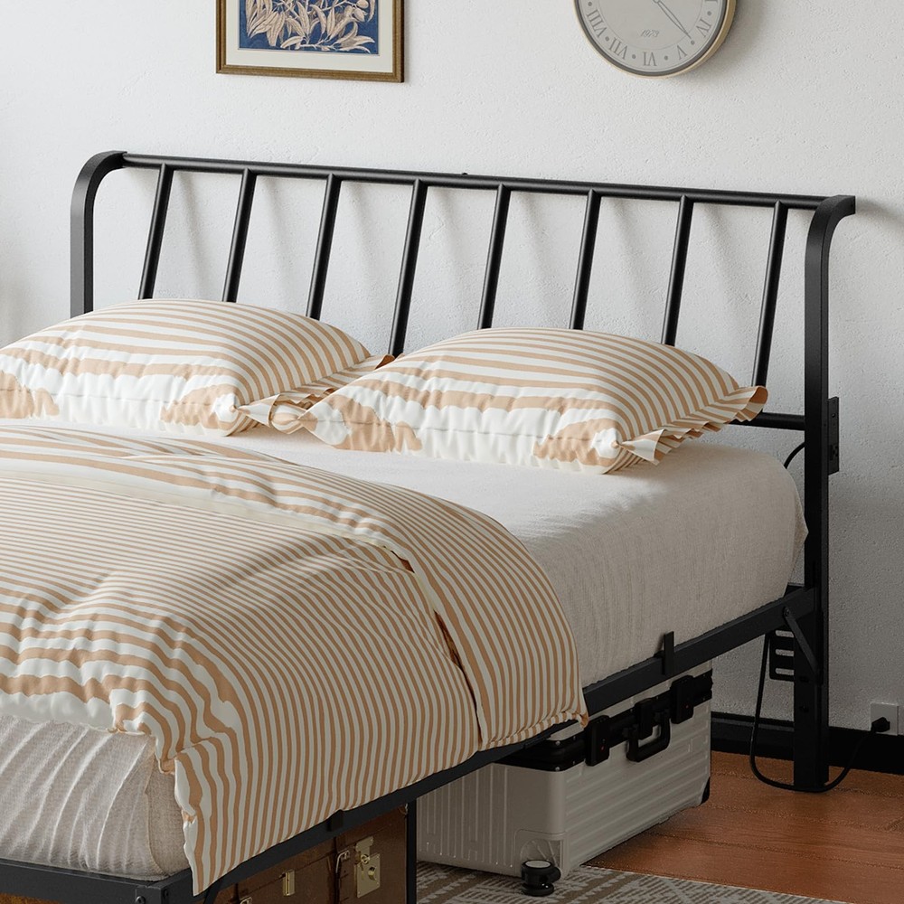 Queen Size Metal Headboard with Power Strips and Adjustable Angle
