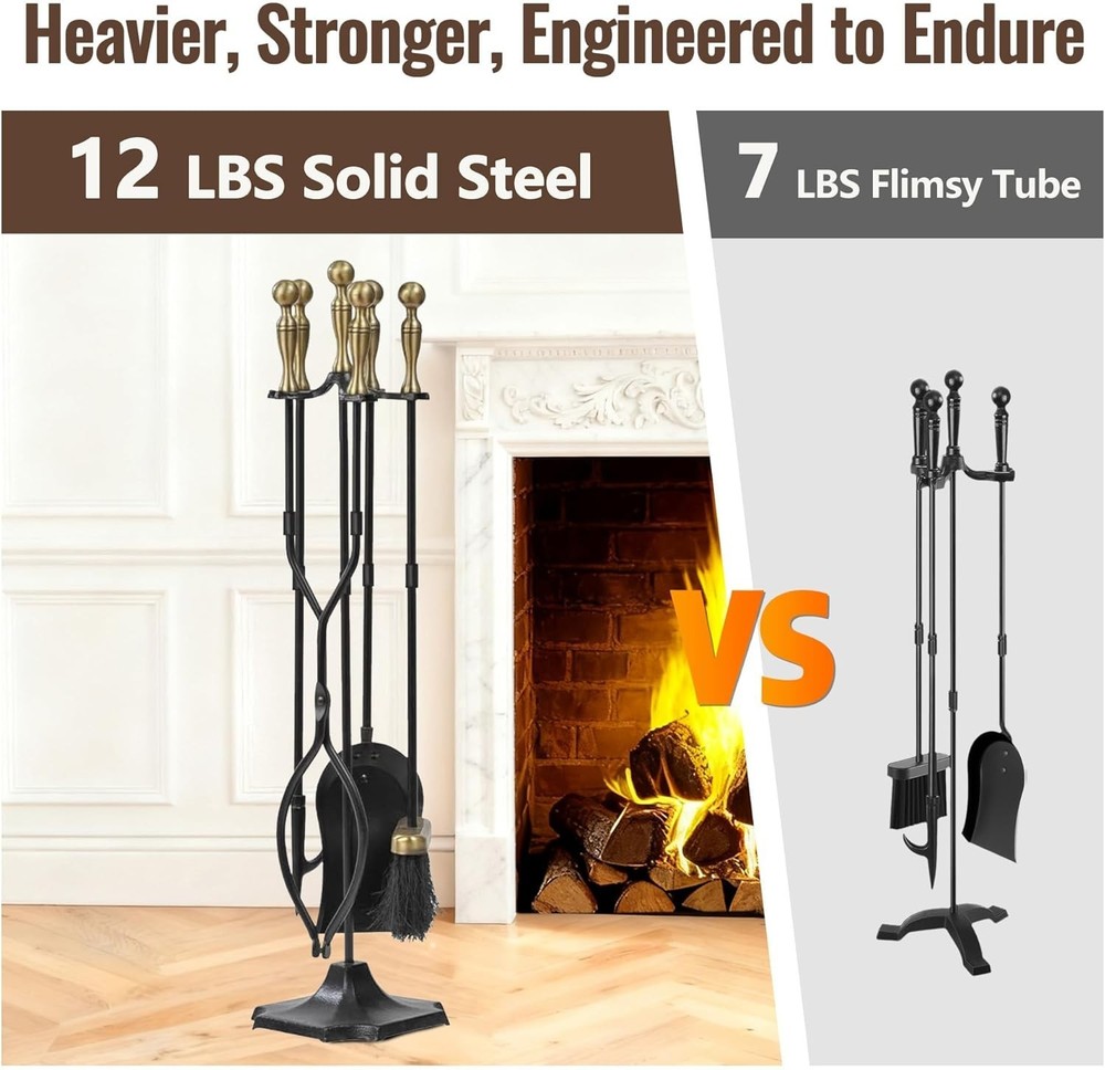 Fireplace Tools Set 5 Pcs Wrought Iron Large Fire Tool Set with Brass Handles fo