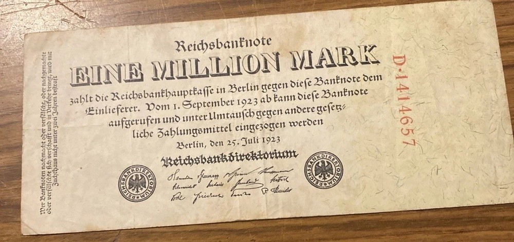 1923 German Eine Million Mark Banknote