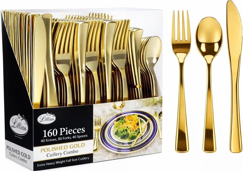 Gold Plastic Sierware Set,Extra Heavy Duty Flatware, Disposable Cutlery
