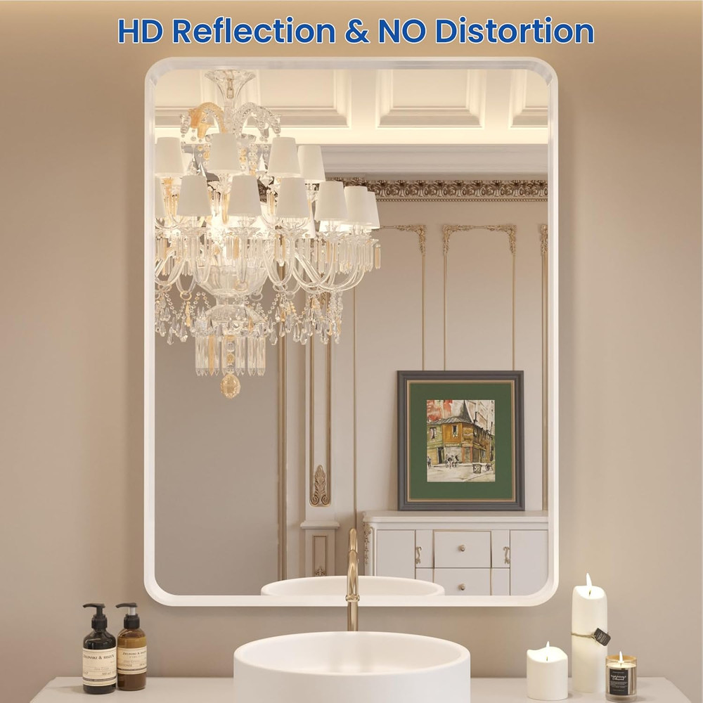 Matte White Rounded Rectangle Bathroom Mirror 20x30 Inch, Anti-Rust Design