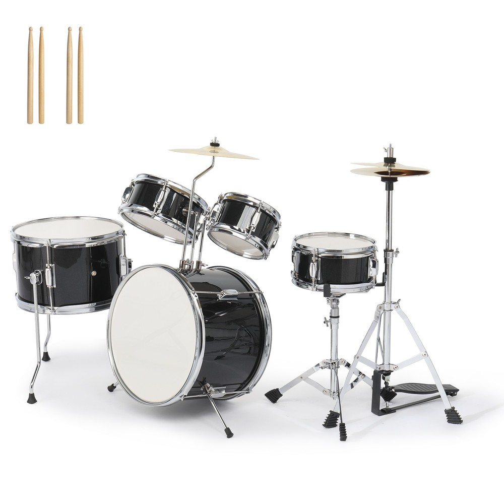 5-Piece Junior Drum Set, Beginner Percussion Kit with Stool and Stands Black