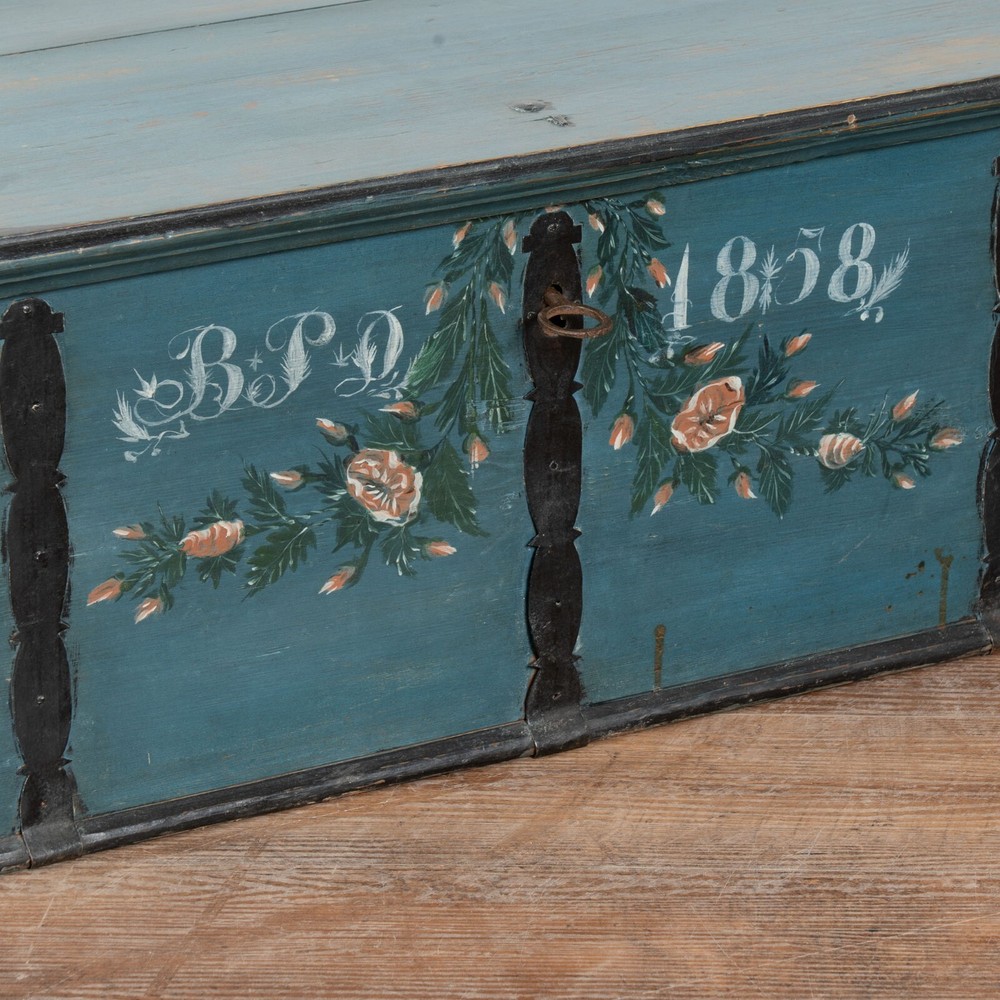 Original Blue Painted Flat Top Trunk dated 1858