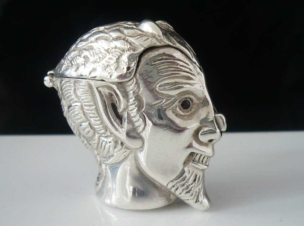 Novelty Sterling Silver Horny Devil Vesta Case, Push Button Nose Release to Open