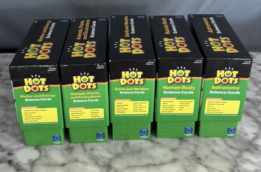 Hot Dots Science Cards Five sets - NO PENS- Each Set has 72 cards each