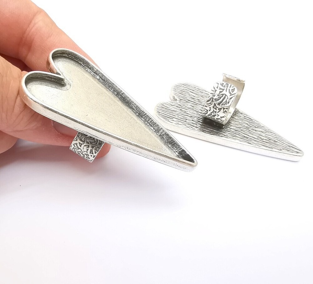 Large Heart Ring Blank Settings, Cabochon Mounting, Adjustable Antique Silver