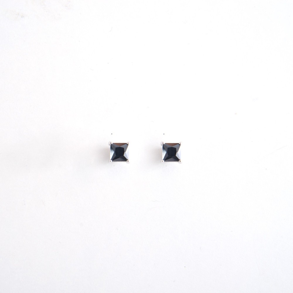 Silvertone with Black Cz Square Magnetic Stud Earrings