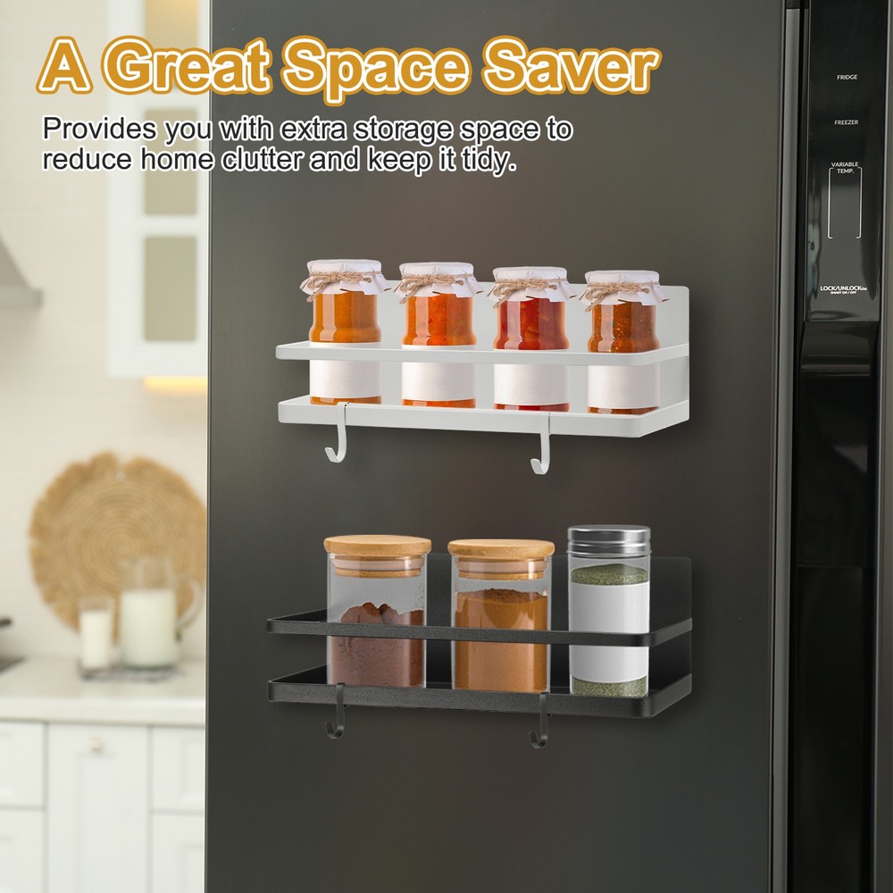 1 Pack Magnetic Spice Rack for Refrigerator with 2 Removable Hooks, Black