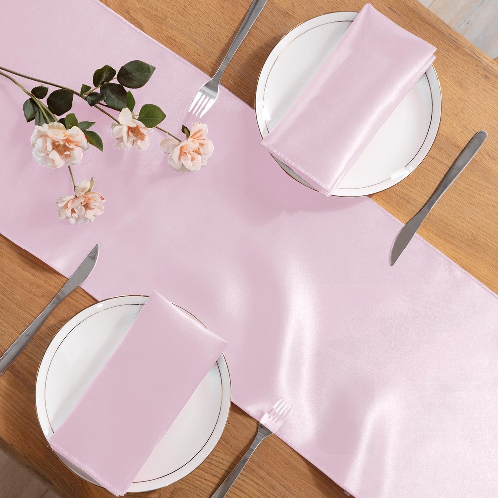 5 Pack Light Pink Satin Table Runner 12x108 Inch Bright Silk Smooth Fabric