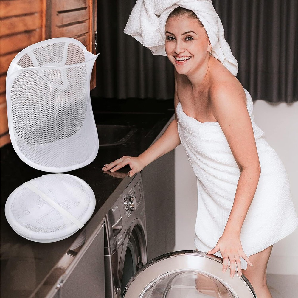 3 Pieces Hanging Laundry Hamper Bag to Hang Foldable Mesh White