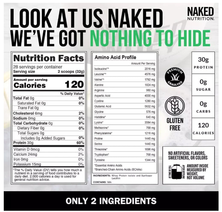 Naked Whey Isolate Protein Unflavored 30g 28Sv Zero Carb Grass Fed