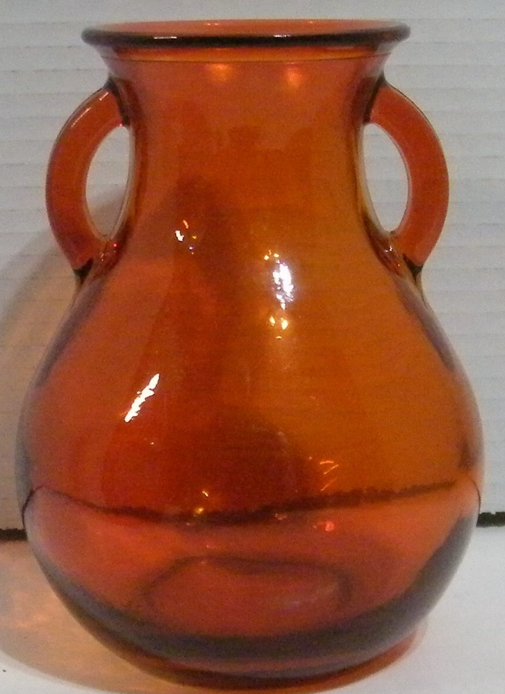 Glass Vase Duel Handles Red Orange 6" high