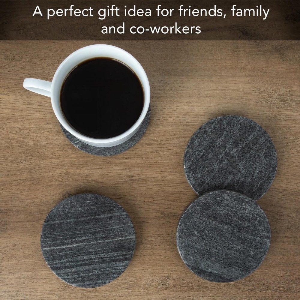 Thirstystone 4 Pack Natural Black Marble Round Coasters 4" Diameter Elegant