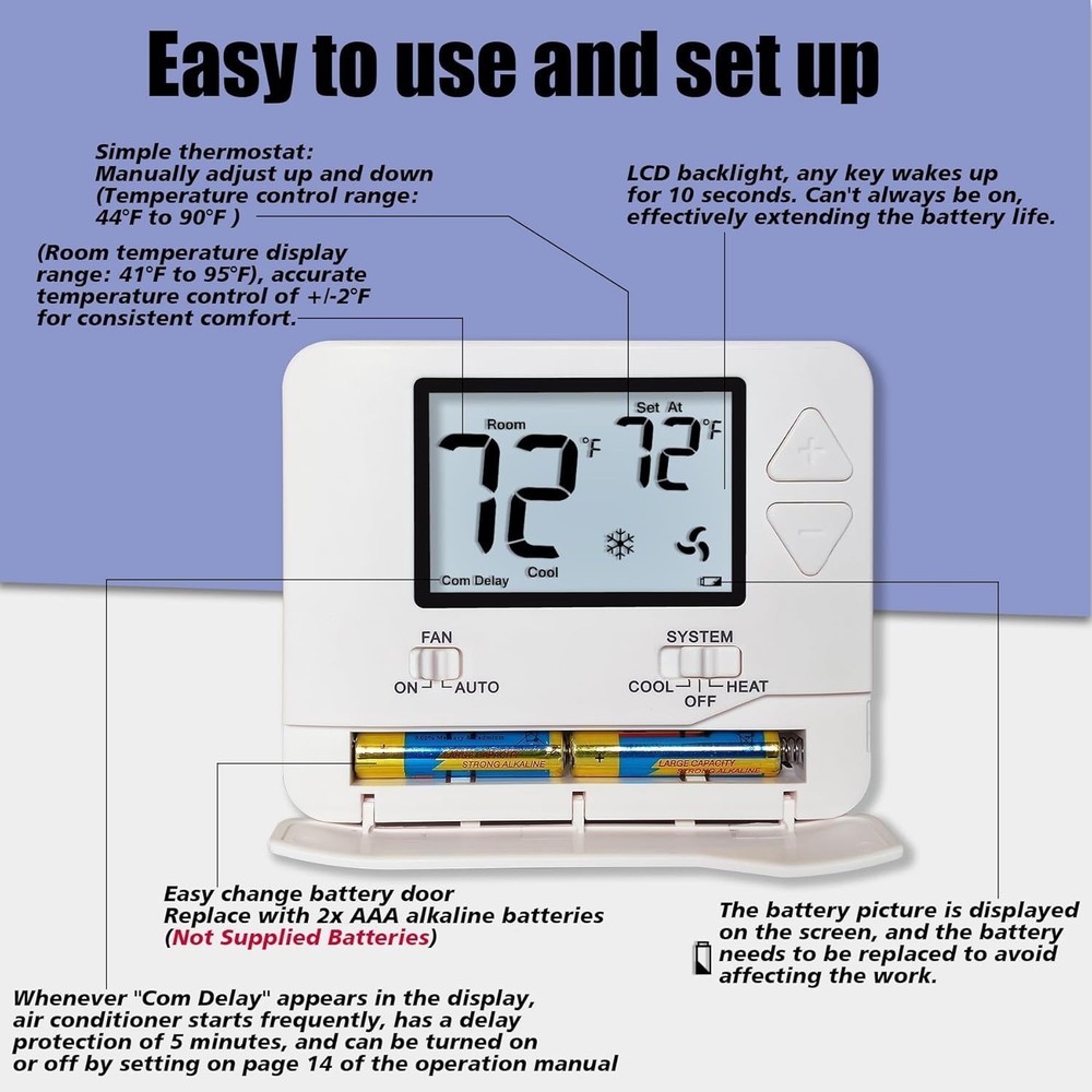 Non-Programmable Thermostat for Home Single-Stage Systems White Backlight