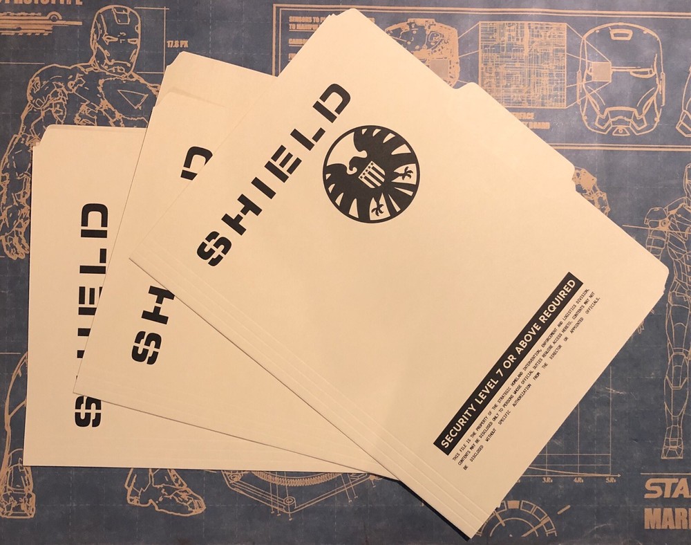 • SHIELD • LEVEL 7 • 3 TAB MANILLA FOLDER SET • COSPLAY PROP • AVENGERS AGENTS •