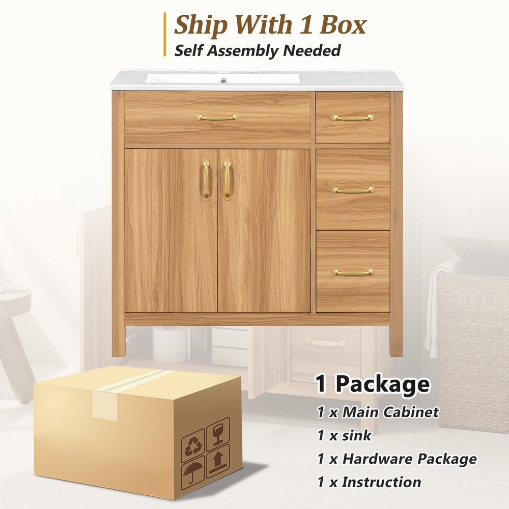 36" Wood Bathroom Vanity with Solid Wood Frame, 2 Soft Close Doors, 3 Soft Clo