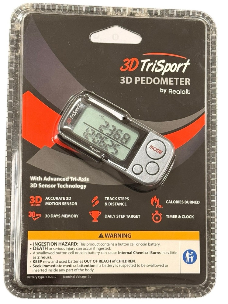 Realalt 3D TriSport 3D Pedometer Grey Tri-Axis Sensor Step Counter Timer Clock