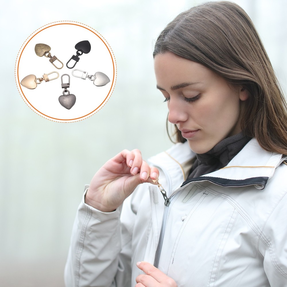 Zipper Pull Charm 5 Pcs Heart Shape Zipper Pull Replacement, Silver Tone