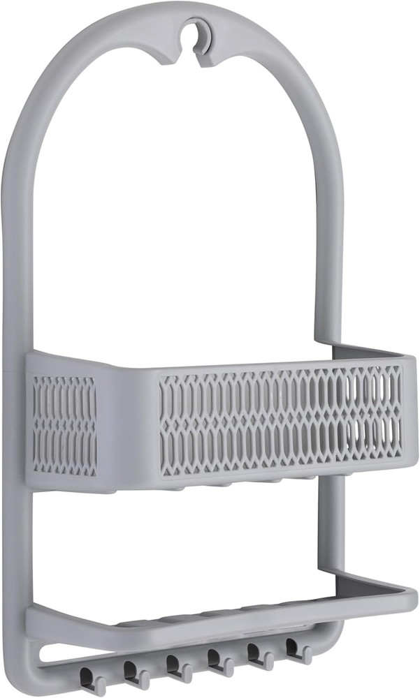 Molded Shower Caddy Bathroom Storage Hangs Over Shower Head 6 Accessory Hooks