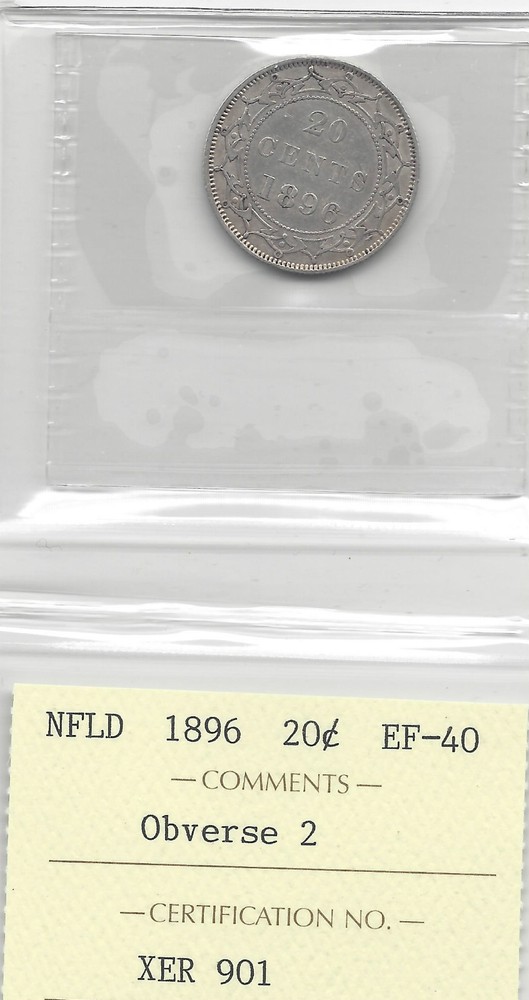 1896 Obv.#2**, ICCS Graded, Newfoundland Twenty Cent, **EF-40**