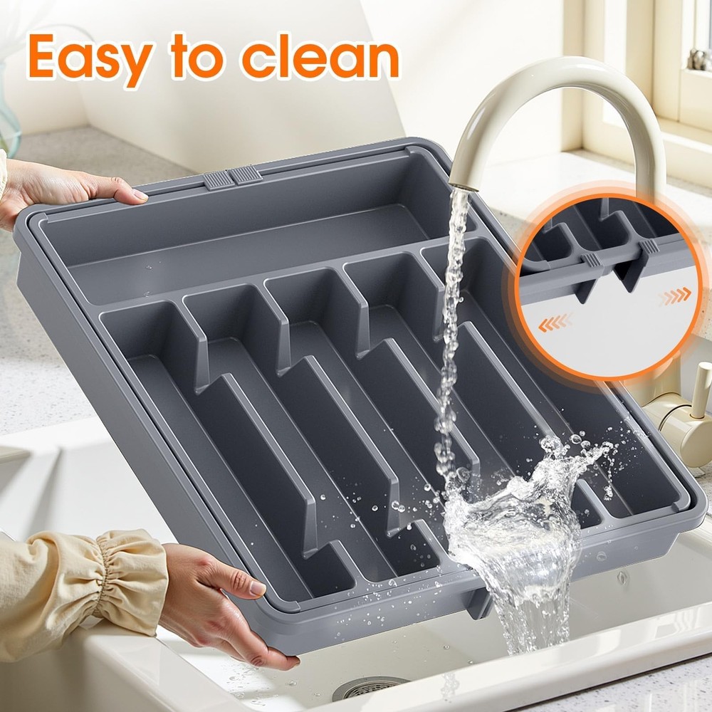SpaceHacks Silverware Organizer，Adjustable & Expandable Utensil Large, Grey