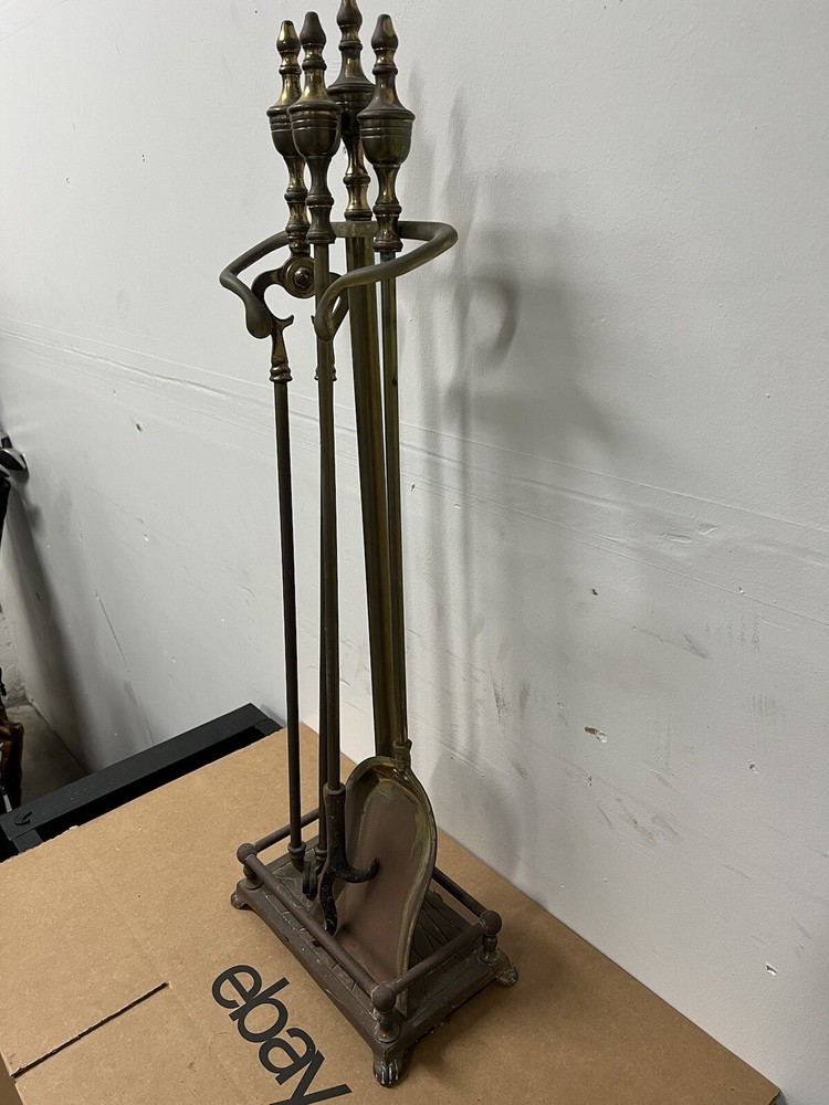 Vintage Solid Brass Fireplace 3 Tools with Stand Set