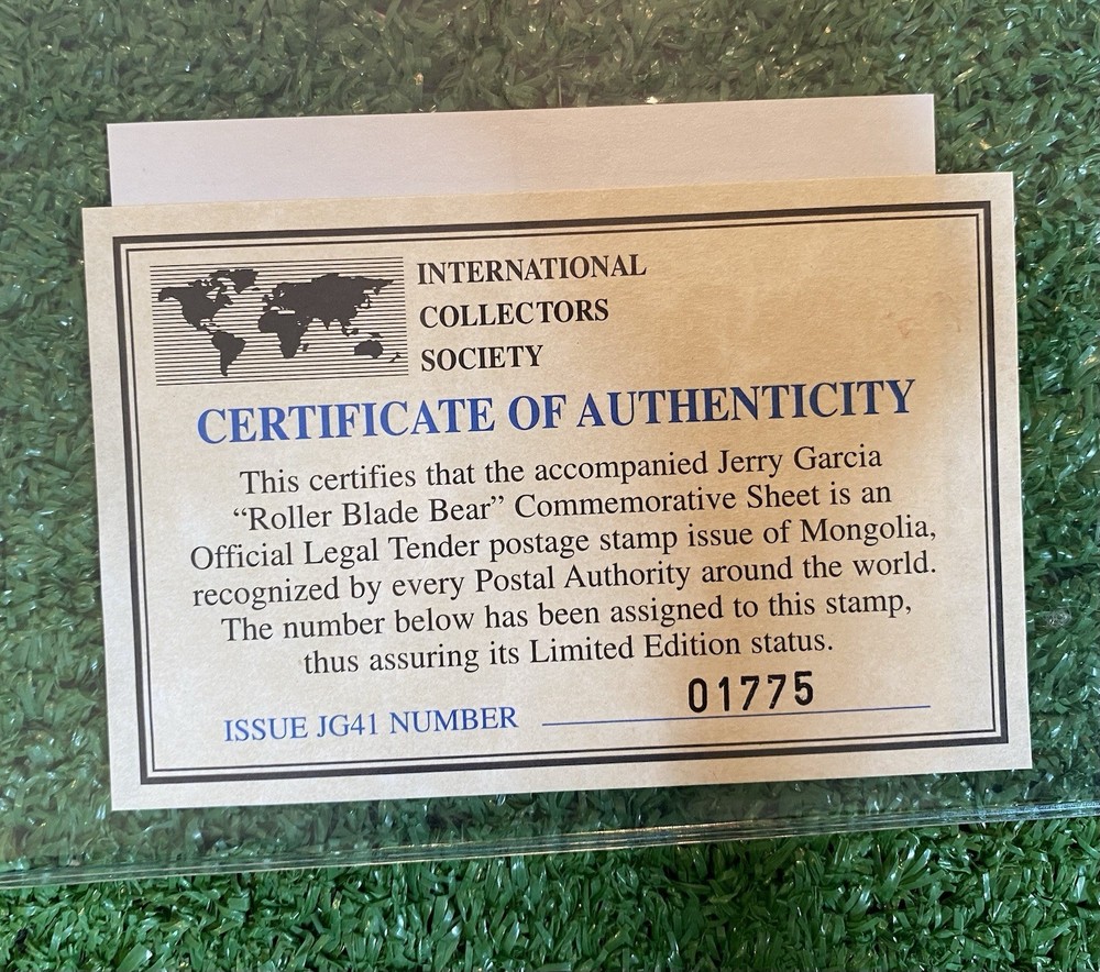 Grateful Dead Roller Blade Bear Stamp Certificate of Authenticity Mongolia 1998