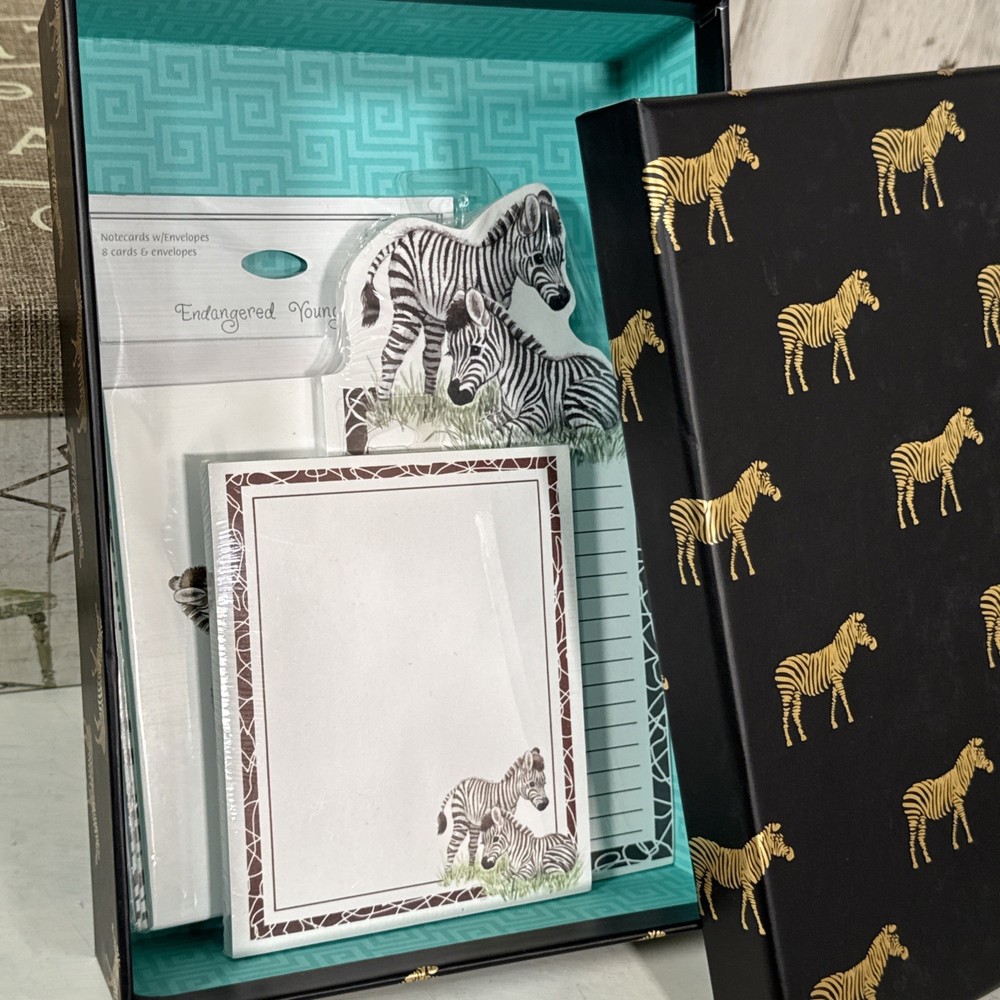 Endangered Young’uns Zebra Note Cards And Notepad Set In Decorative Foil Box