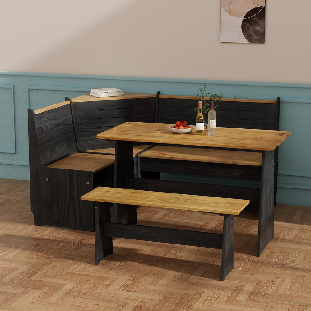Solid Wood Corner Breakfast Nook Table Set for 4-6, Space Saving Black Booth