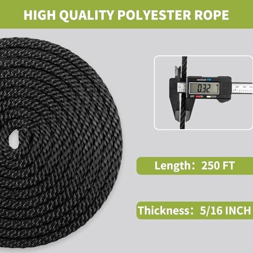 5/16 Inch × 250 FT Black Polyester Solid Braid Rope – UV & 5/16 In×250 FT