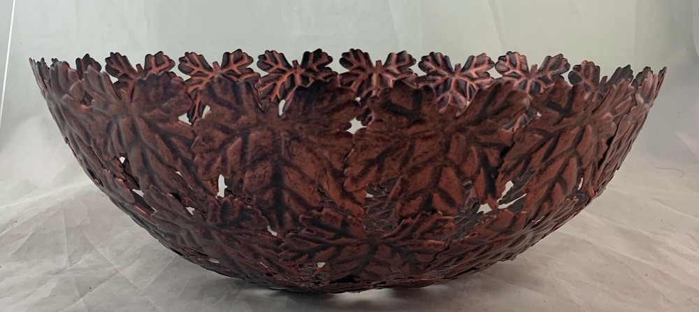 COPPER MAPLE LEAF VASE BOWL CENTERPIECE FALL AUTUMN OPEN WORK RARE DECOR