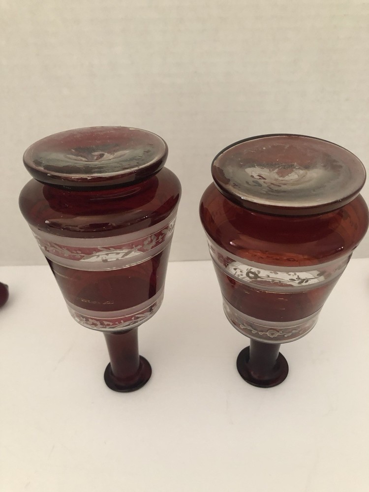 Antique Bohemian Hand Blown Ruby Red Perfume Scent Bottles Pair