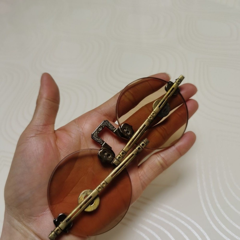 Vintage Crystal Brown Stone Pattern Lenses Solid Copper Frame Antique Sunglasses